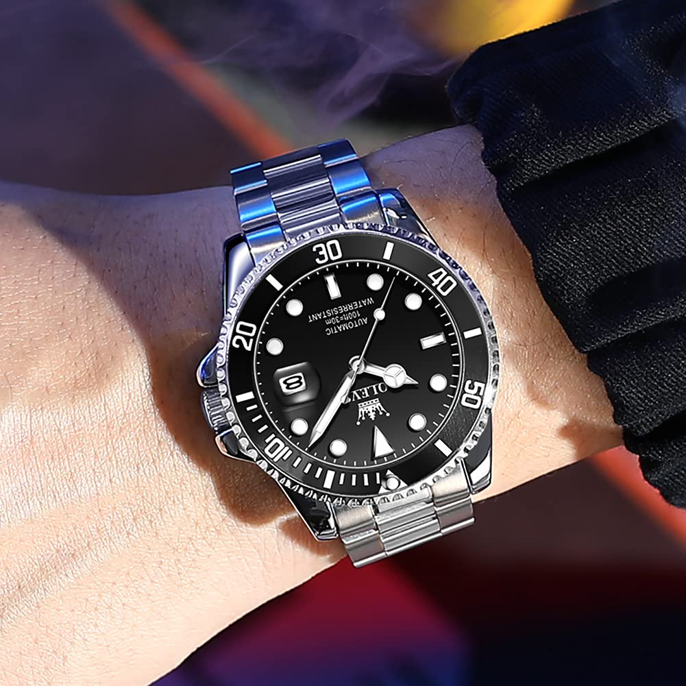OLEVS Mechanical Watch Automatic Manual Winding Arm Clock Waterproof Luminous Date Stainless Steel Present Watch for Man Black Men's
