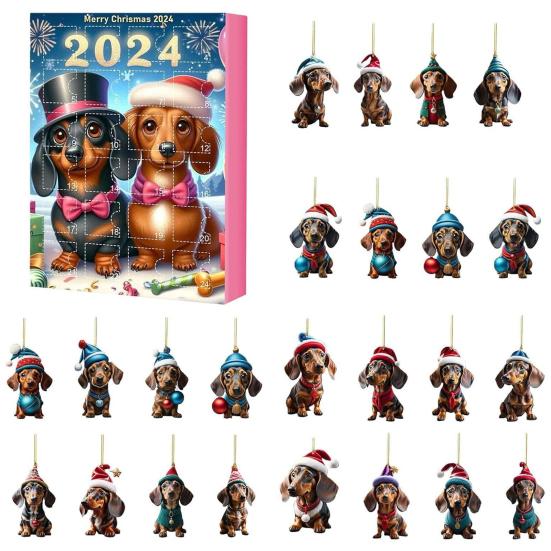 Advent Calendar 2024 Cat Dog Pendant Acrylic Christmas Countdown Calendar for Boys Girls Kids Children Colorful Holiday Room Decorations Gifts
