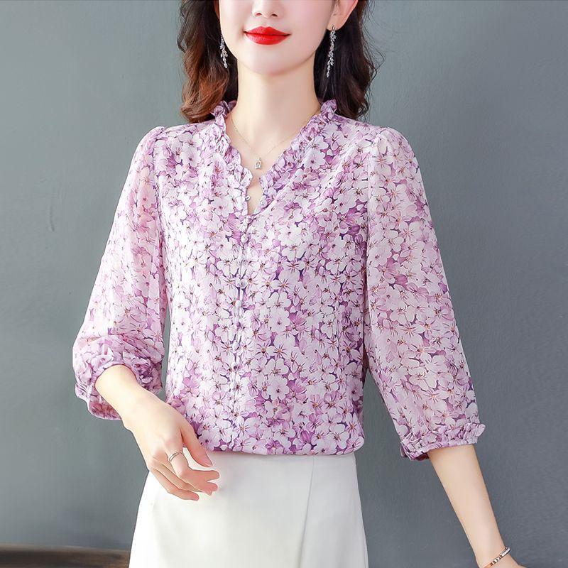 Dámská šifonová košile s květinovým potiskem, letní novinka s tříčtvrtečním rukávem, módní volný top s výstřihem do V, M-5XL