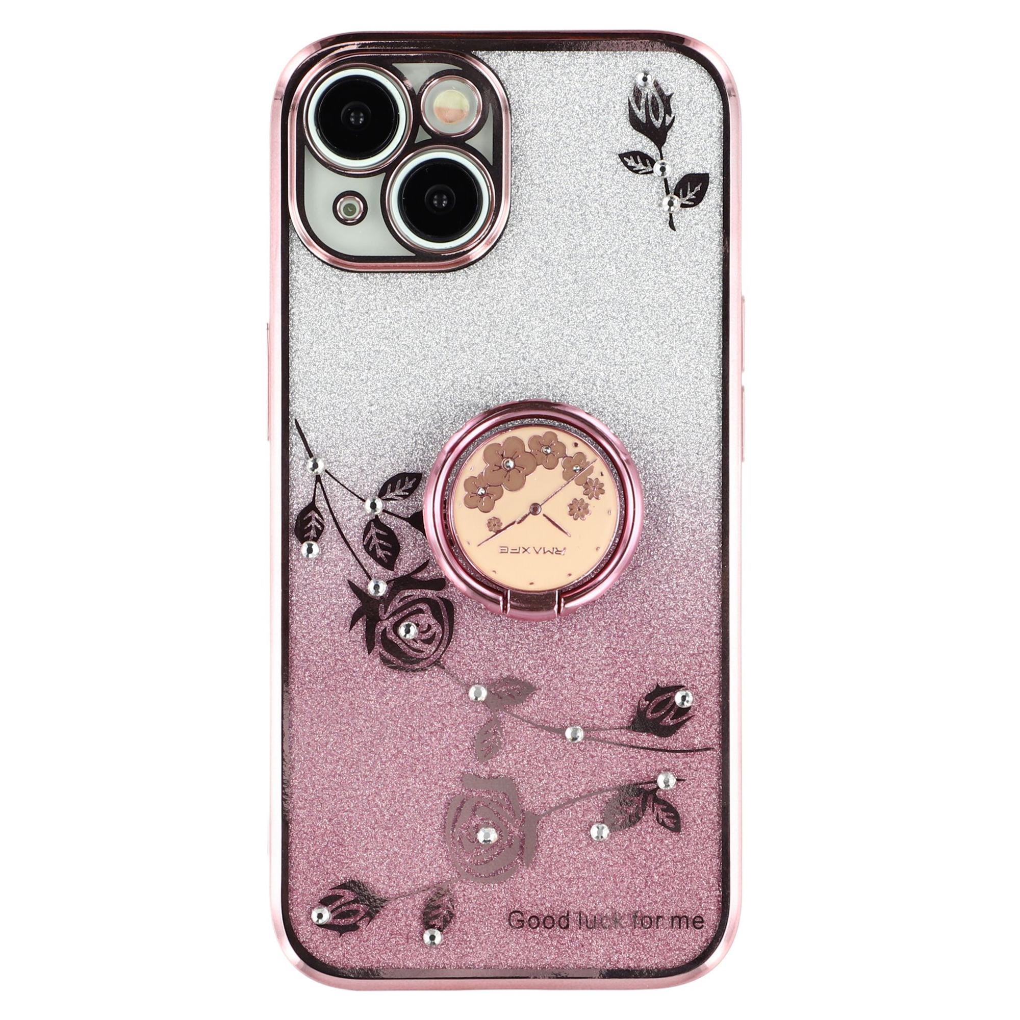 

KADEM For iPhone 14 Plus Glitter Flower Pattern Cellphone Case with Ring Kickstand TPU Cover Rose Gold