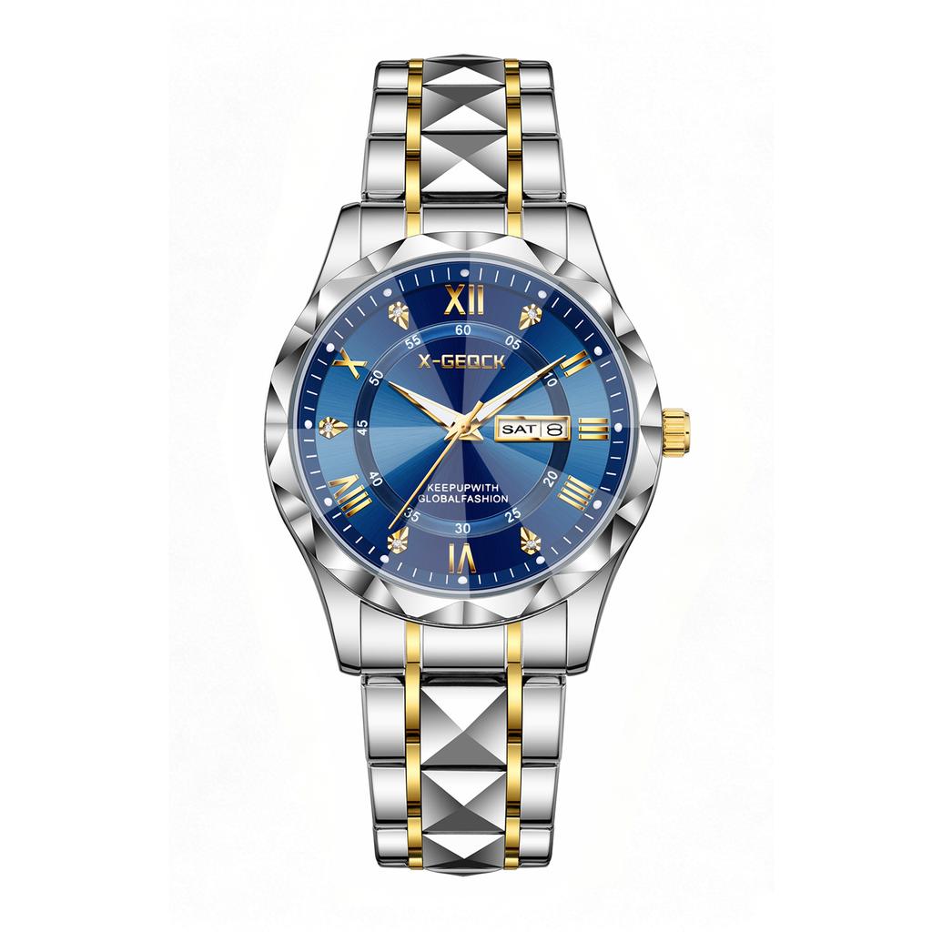 Men'S Business Fashion Round Dial Stainless Steel Quartz Luminous Watch Men'S Rhombus Glass Decorative Trend Watch