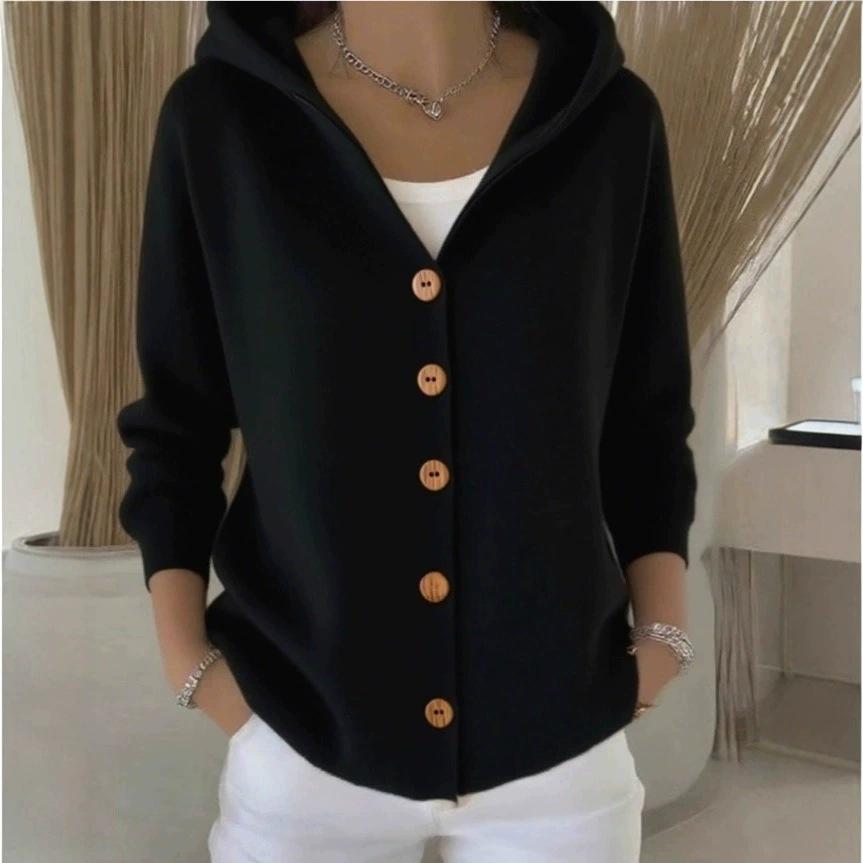 European & American Knit Hooded Cardigan - 2025 Autumn/Winter Women's Fashion, Solid Color Casual Style