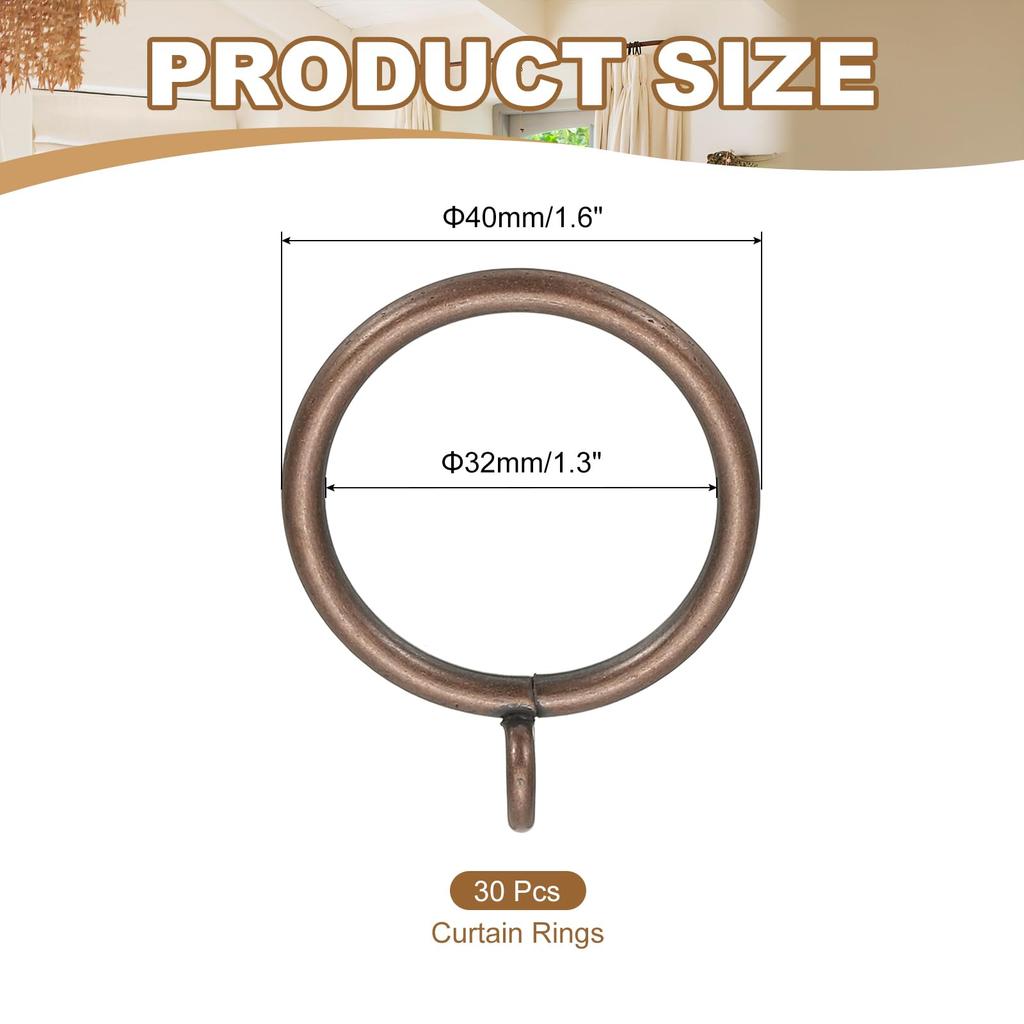 PATIKIL Inner Diameter Curtain Rod Rings with 30 Metal Drapery Curtain Rod Hoop Copper Color 1.3-inch Eyelets, Rings, Pins,