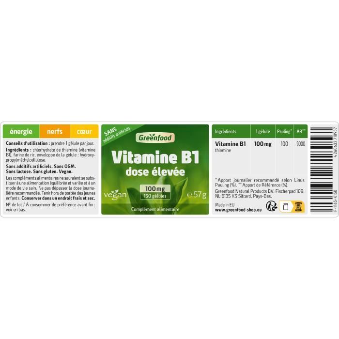 Greenfood vitamine b1, 100 mg, 120 gélules, dose élevée. sans additifs artificiels. sans génie génétique. vegan.