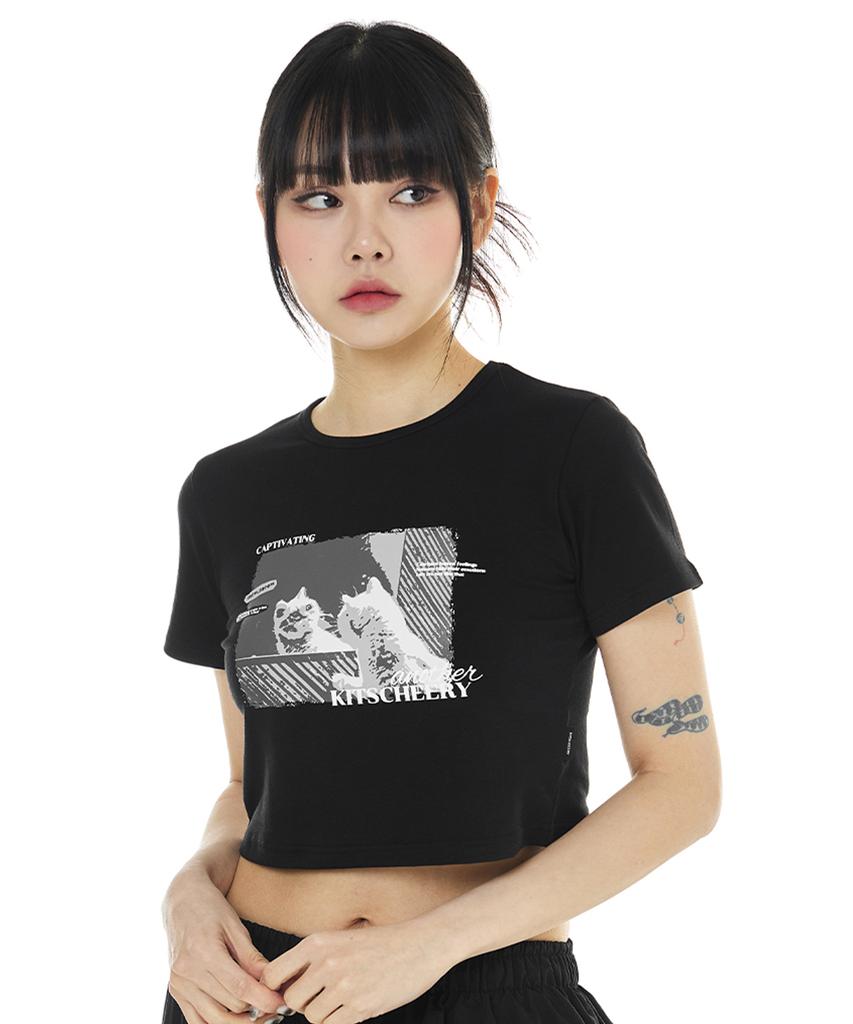 Kichieoli Meow Cat Crop Tee (Black)