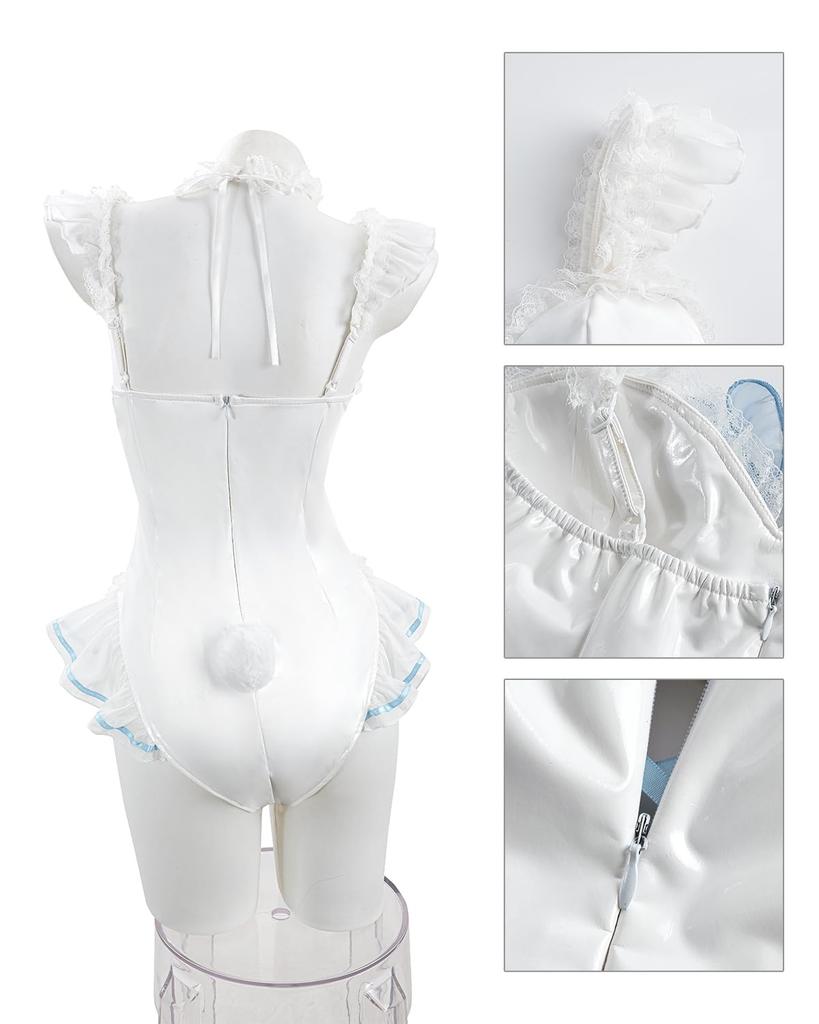 White and Blue Bunny Girl Cosplay Bodysuit with Bunny and Lace Cute for Photo and Halloween and Blue Ribbon Bunny Size [Excellent Quality] Ribbon,