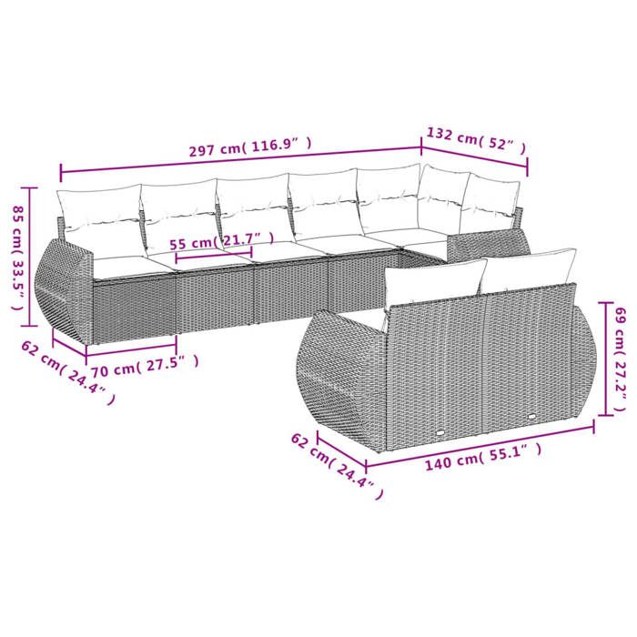 VidaXL Salon de Jardin avec Coussins 8 pcs, Canapés de Terrasse, Ensemble de Meubles de Patio, Mobilier d'Extérieur, Beige 3253955