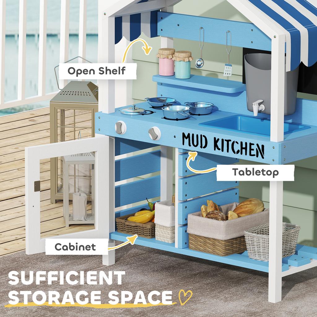 Kids Mud Kitchen Outdoor with Stoves, Sink, Faucet, Storage Shelves, Cookware Accessories for Boys Girls, Blue