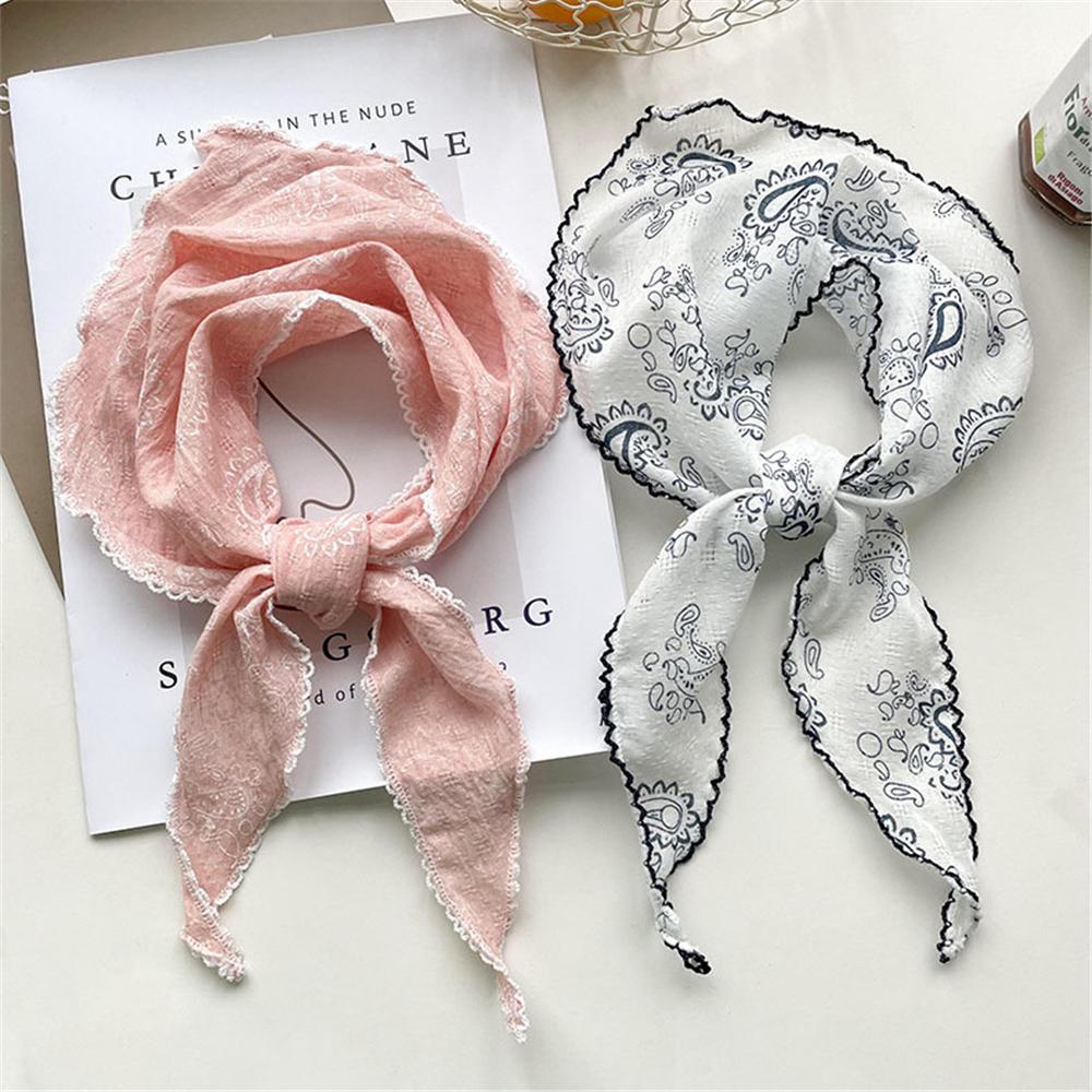 Lightweight Floral Triangle Scarf Korean Style Head Wrap Cotton Linen Scarf Thin Breathable Spring Summer Bandana for Women