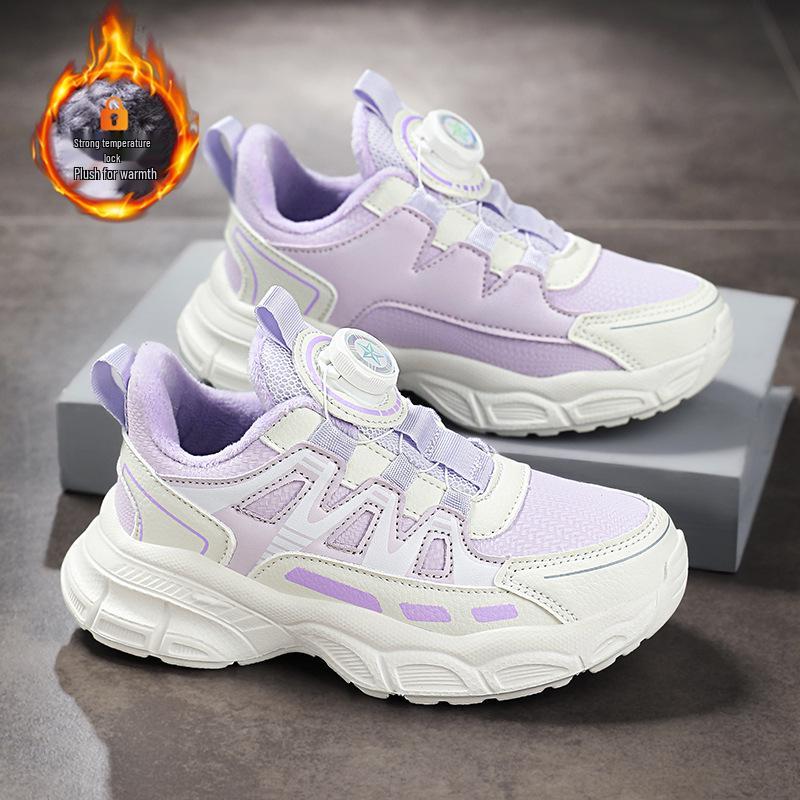 Girls' Velvet-Lined Running Shoes, Autumn/Winter 2025: Warm, Cotton Dad Shoes for Middle & Big Kids