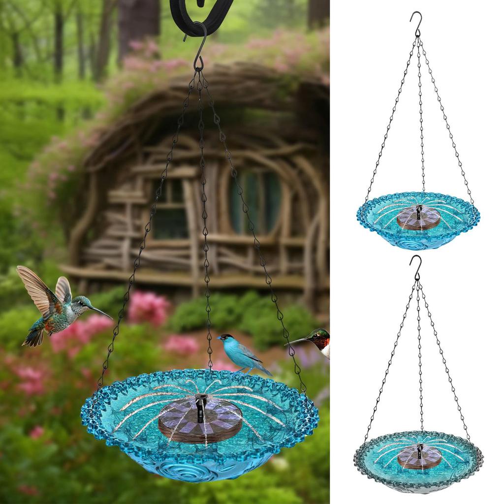 Bird Bath Fountain Hangable Hummingbird Water Bowl Bird Bath with Solar Fountain for Robin Sparrow Backyard Garden Landscaping