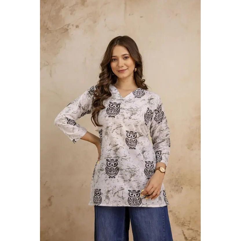 Indian Women Printed Cotton Blend Straight Kurta Top Party Wear Designer Tunic VFP-1852a