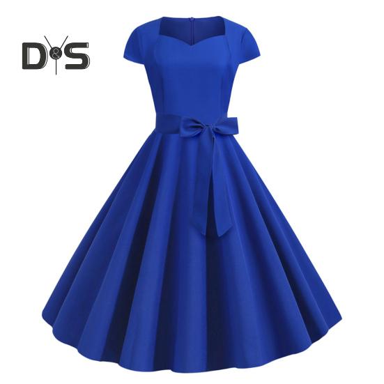 

Женское платье с V-образным вырезом, поясом, бантом, декором, А-силуэта, облегающее, с высокой талией, однотонное, в стиле ретро, с коротким рукавом, в стиле принцессы, женское платье миди M королевский синий