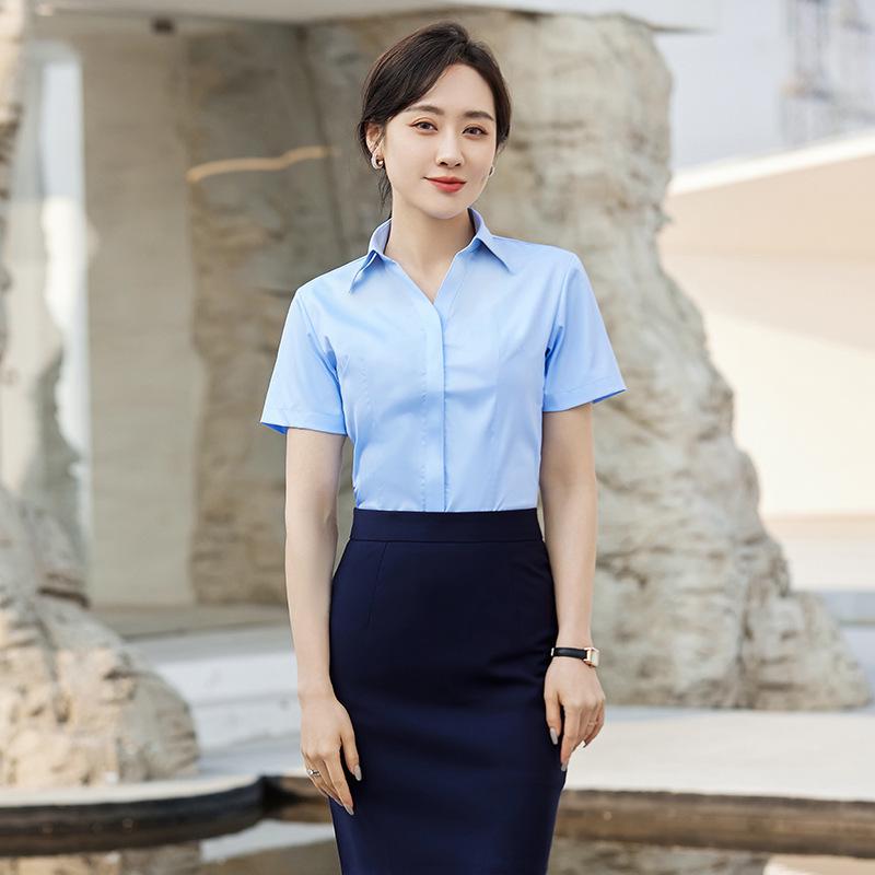 Damen Rosa V-Ausschnitt Bambusfaser Stretch Shirt - Gestickte Formelle Kleidung für Büro, Verkauf und Hotel Rezeption