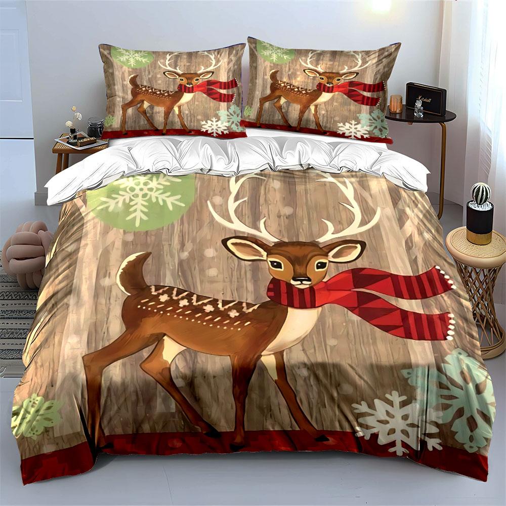Deer with Red Scarf Winter Decor Bedding Duvet Cover Set Duvet Cover Pillowcases (1*Duvet Cover 2*Pillowcases, without duvet insert)
