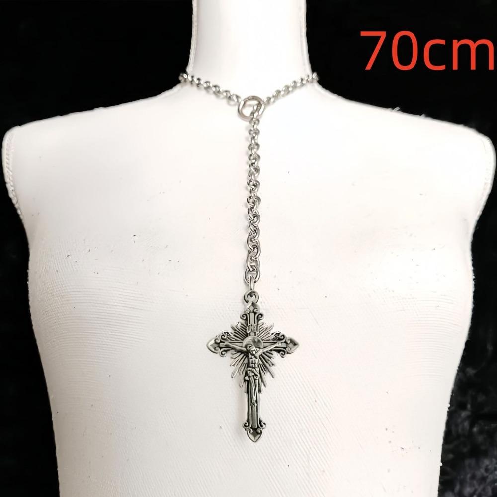 Gothic Silver Color Cross Pendant Necklace Y Chain O Ring Sliding Chain Choker for Women Men Vintage Religious Catholic Jewelry