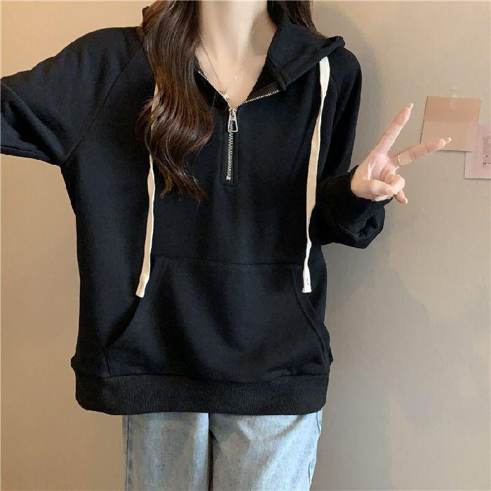 2025 Fall/Winter Women's Korean-Style Loose Half-Zip Hoodie with Slimming Velvet