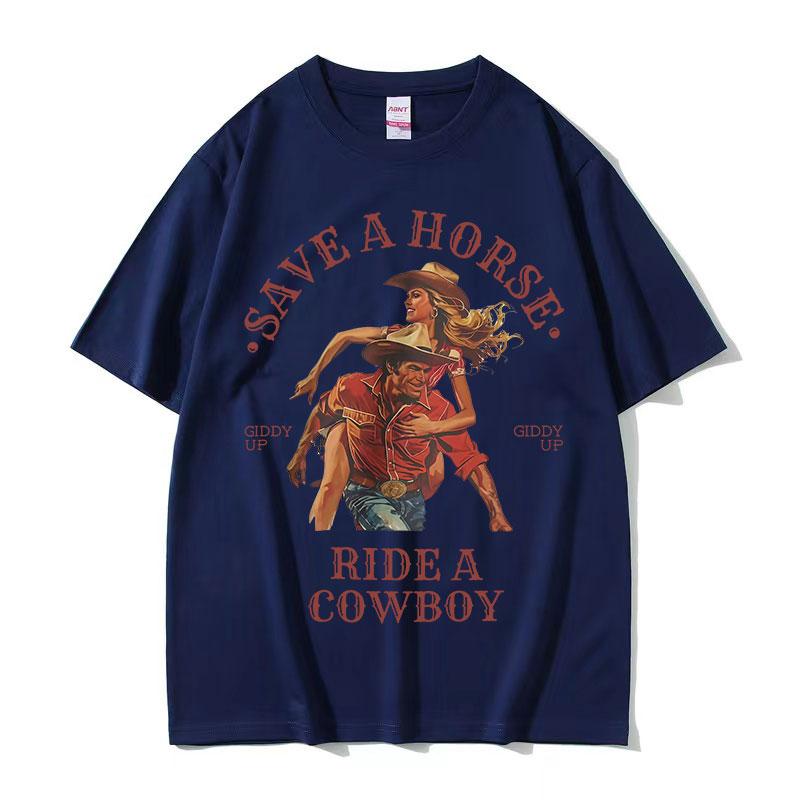 

Save A Horse Ride A Cowboy Принт Футболка Чоловіки Жінки Харадзюку Мода Вінтажний Круглий Виріз Футболки Повсякденний 100% Бавовна Оверсайз Футболка 4XL