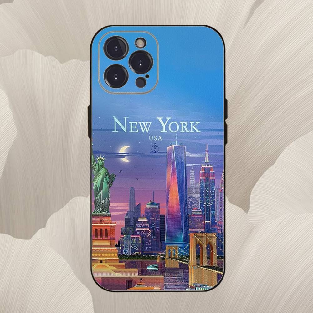 

City Painting illustration Phone Case For iPhone 16,se4,15,14,13,12,11,Pro,X,XS,Max,XR,Plus,Mini Soft Black Cover iPhone13