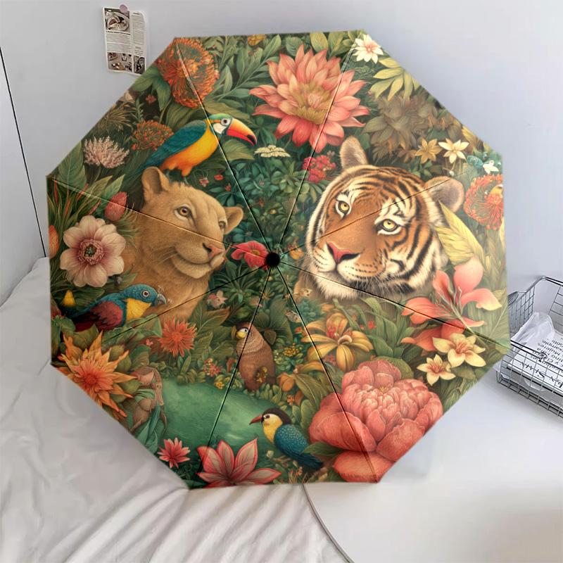 Tiger Parrot Pattern, Automatic Folding Umbrella, Portable and Foldable Design, 8 Ribs, a Christmas or Birthday Gift.