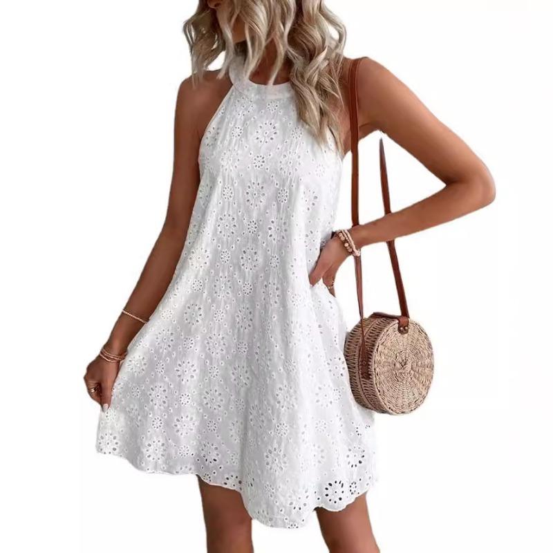 Women Solid Color Lace Button Halter Sleeveless Knee Length Summer Casual Dress