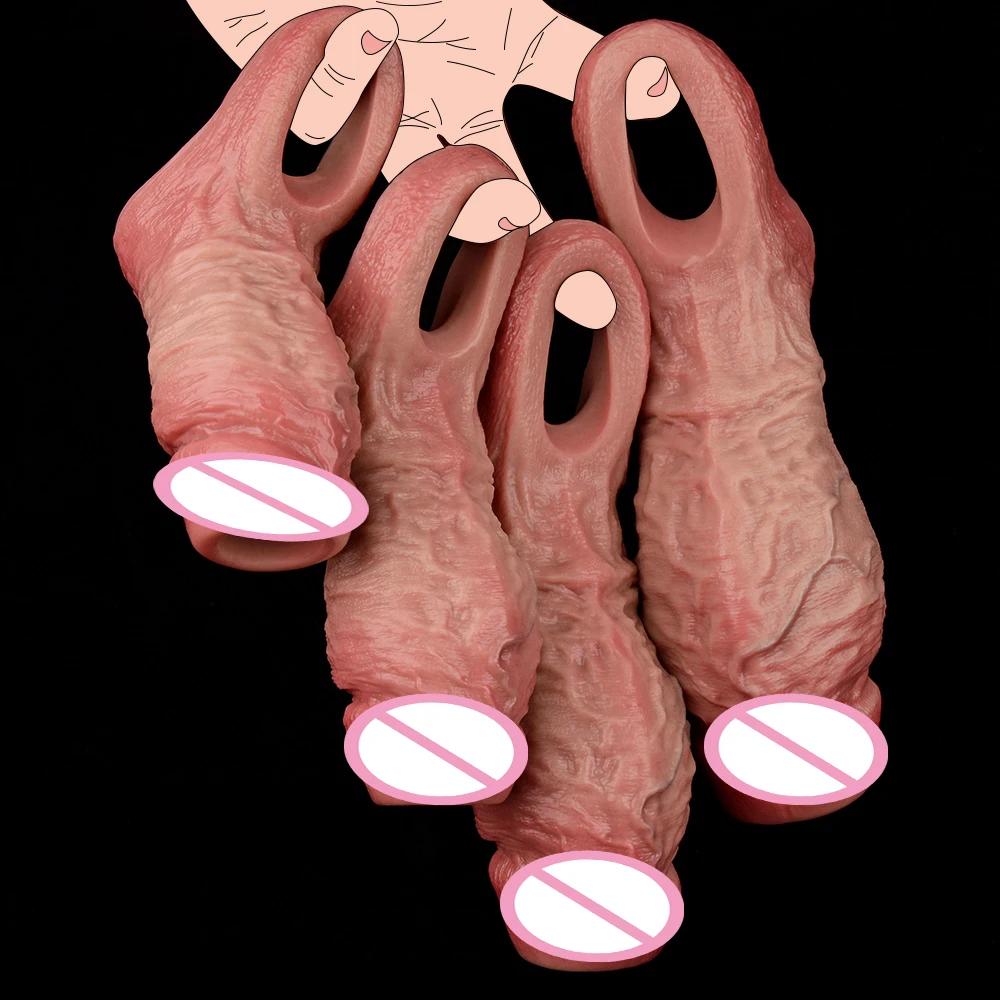 FAAK Realistic Penis Sleeve Size S M L XL Silicone Open-ended Dick Sheath Ring Realistic Hollow Dildo Sex Toy Cock Enlargement