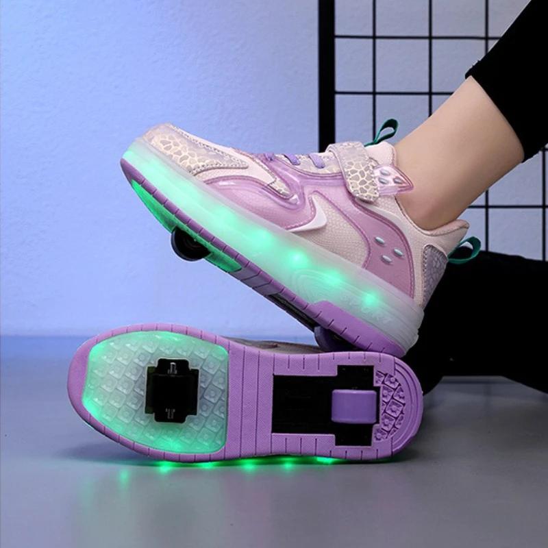 Inline Skate Shoes Pulley Shoes LED Sneaker with 2 Wheels Double Wheel Skate Shoes 2 in 1 Removable Pulley Skate Skating Parkour