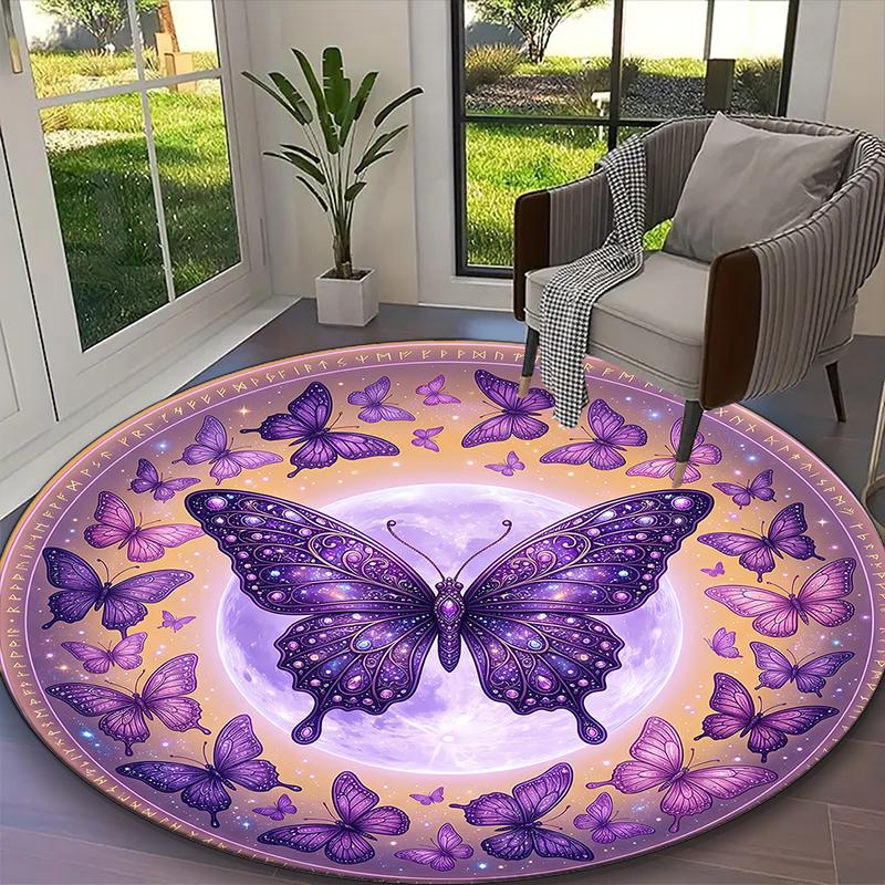 [1pc Floral Dragonfly Butterfly Office Carpet] Easy Maintenance Chair Rug for Conference Room Use, Durable Round Sofa Floor Mat