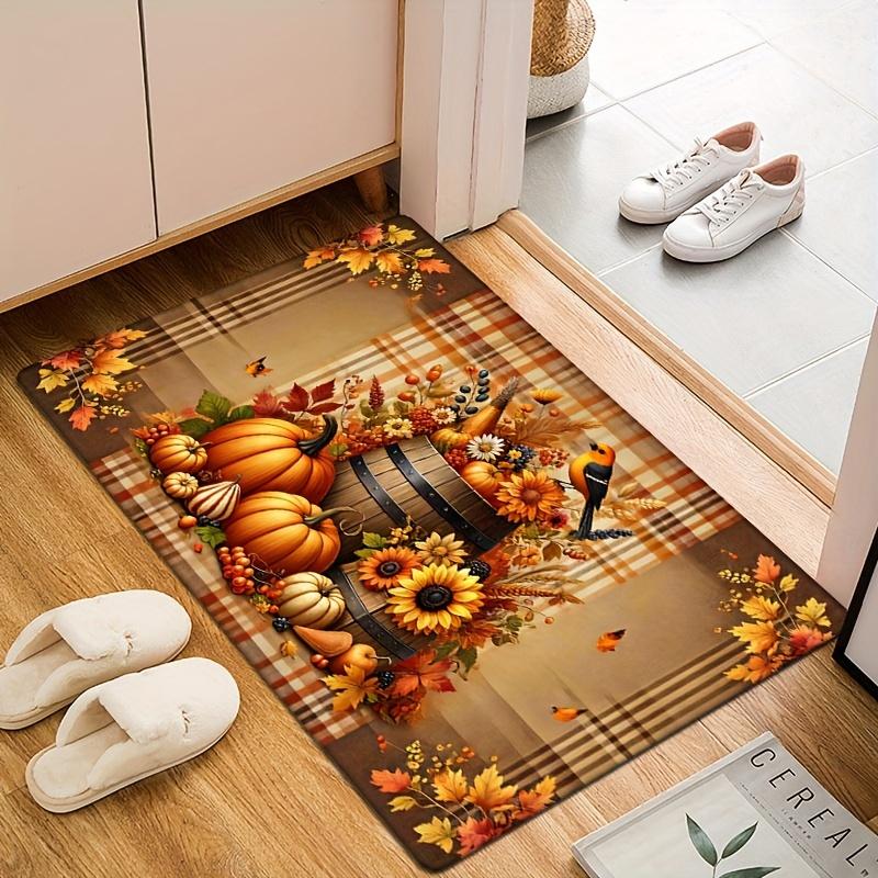 Thanksgiving Pumpkin Maple Leaf Rug Sponge Mat for Bedroom Kitchen Bathroom Laundry Room Fall Decor Flannel Entrance Room Decor