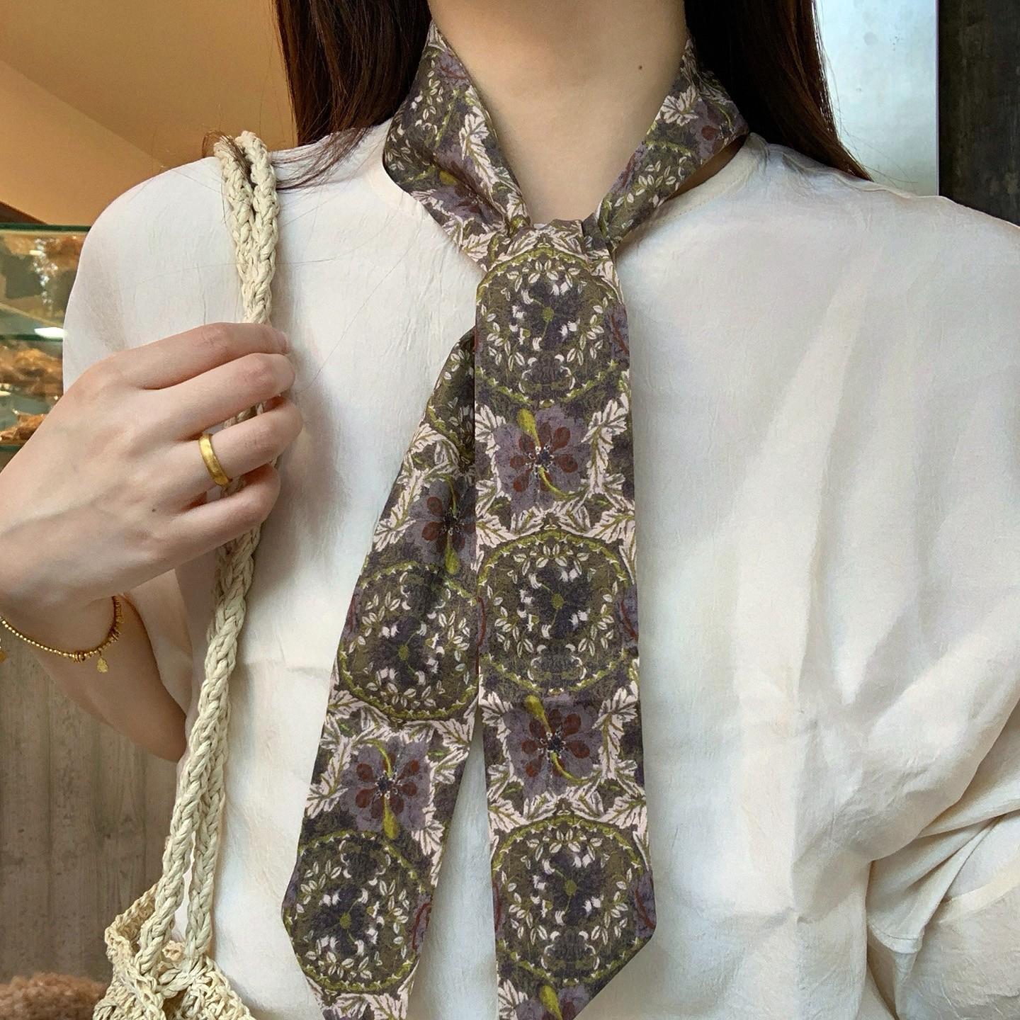 Retro literary and artistic style printing fashionable long silk scarf women s high-end sense thin neck streamer small scarf wear accessories 120cm