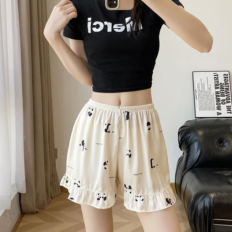 Ladies Summer Thin Cartoon Sweet Floral Satin Ice Silk Breathable Loose Comfortable Leggings