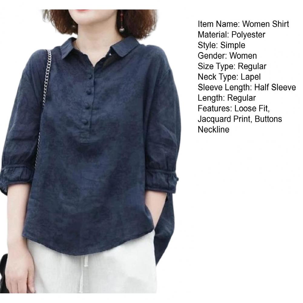 Women's Shirt Half Sleeve Lapel Loose Fit Thin Shirt Tops Buttons Neckline Pullover Tops Jacquard Print Solid Color
