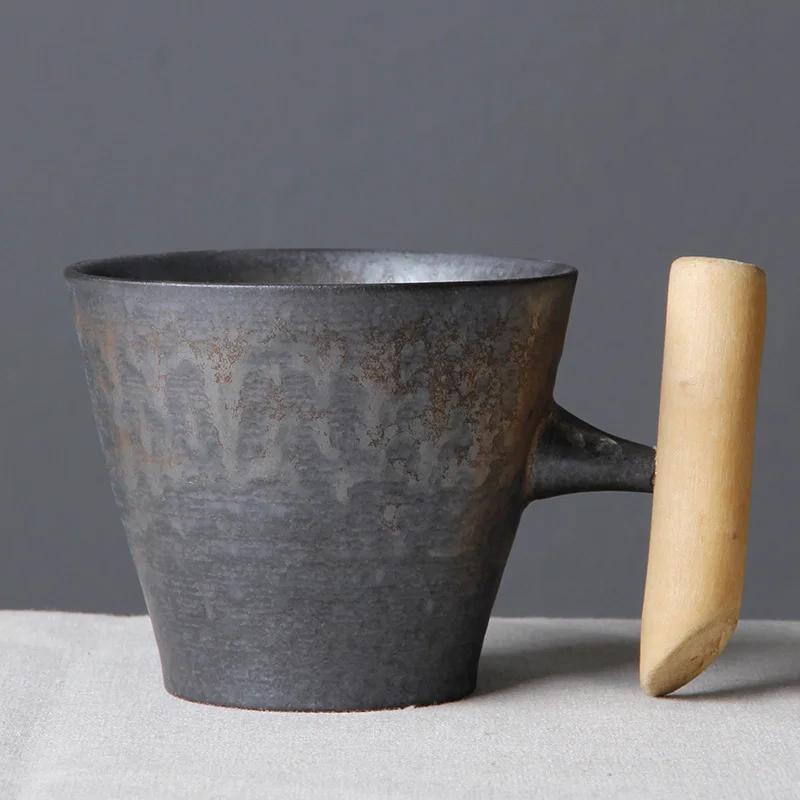 Japanese-style Retro Vintage Ceramic Manual Coffee Mug With Wooden Handle Tumbler Rust Glaze Tea Milk Beer Cup Home Drinkware