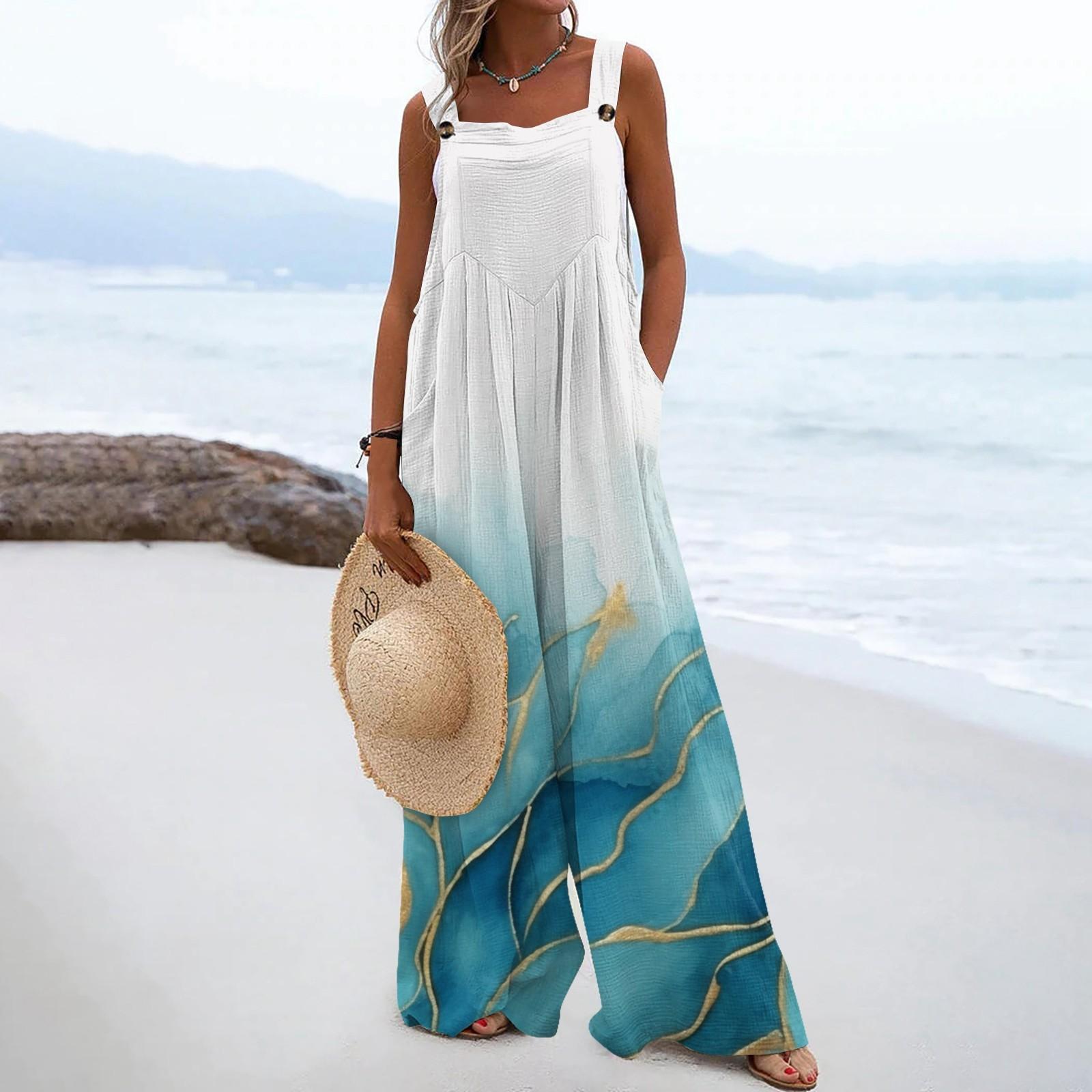 

Женские комбинезоны, повседневные комбинезоны с широкими штанинами и принтом, комбинезоны без рукавов с карманами, наряды XXL белый