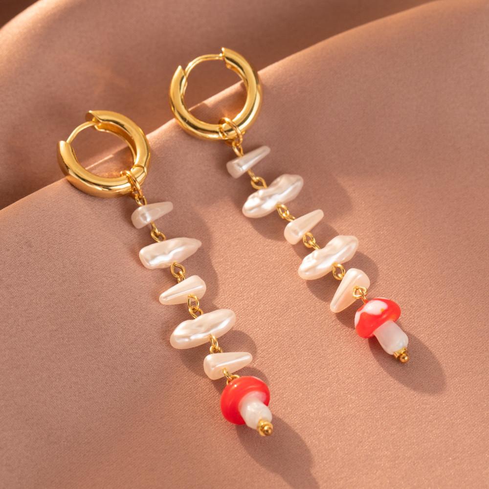 Plated Gold Stylish Geometric Faux Pearl Mushroom Earrings For Women Fall 2023