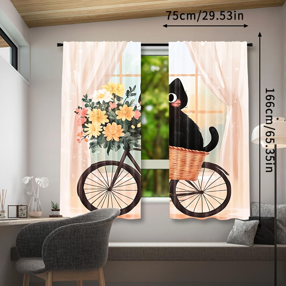 Whimsical Cat Riding Bicycle Abstract Art Curtains Design Semi Transparent Polyester Drapes Floral Accen Set Of 2 Made With Rod Pocket