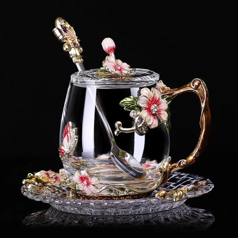 Clear Glass Tea Cup Set with Lid Spoon and Tray, Butterfly Cup Service for Breakfast Beverage and Household Use