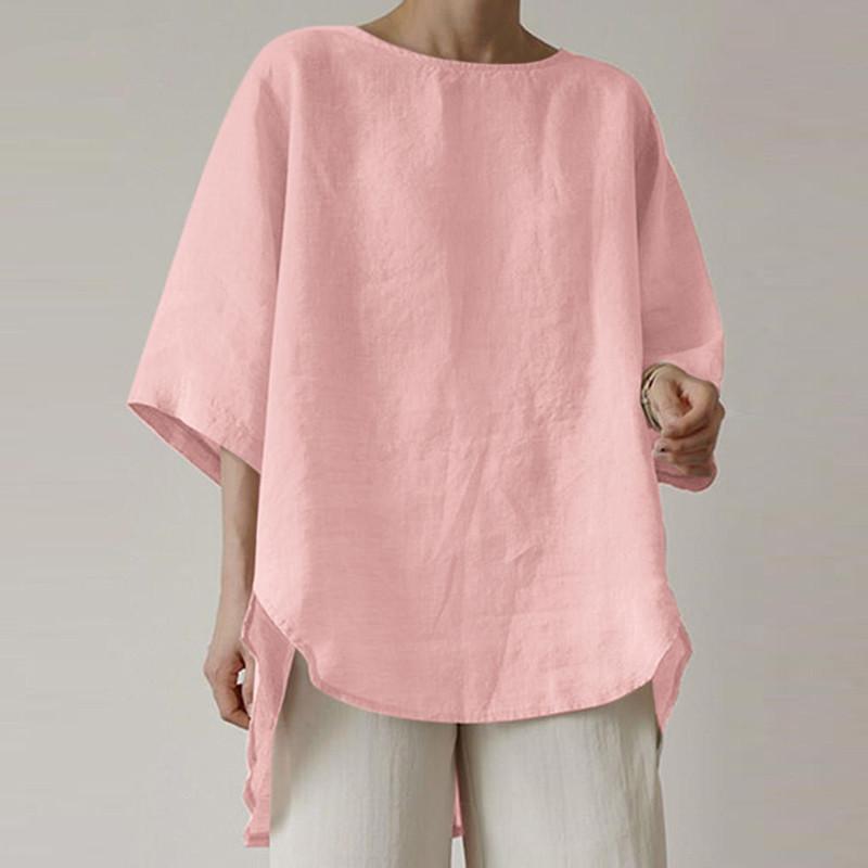 

Women s Cotton Linen Solid Colour Literary Retro Chinese Round Neck Casual Tops Loose Shirt Women 5XL рожевий
