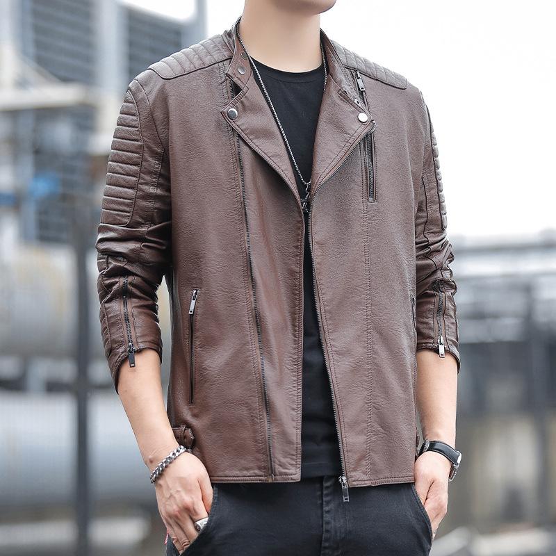 Men's leather jacket spring and autumn new casual coat slim lapel leather jacket men's trendy handsome outer clothes
