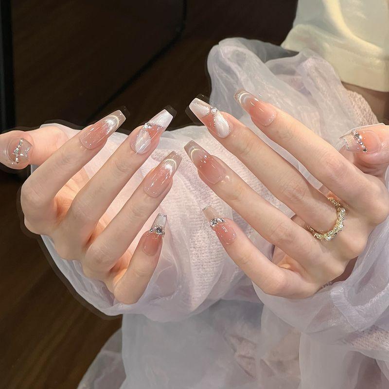 Ks Nail Art Wearable Nails Short Style 2026 New Model High-End Super Popular Cat Eye Handmade High-Quality Nude Color Stunning Nail Pieces