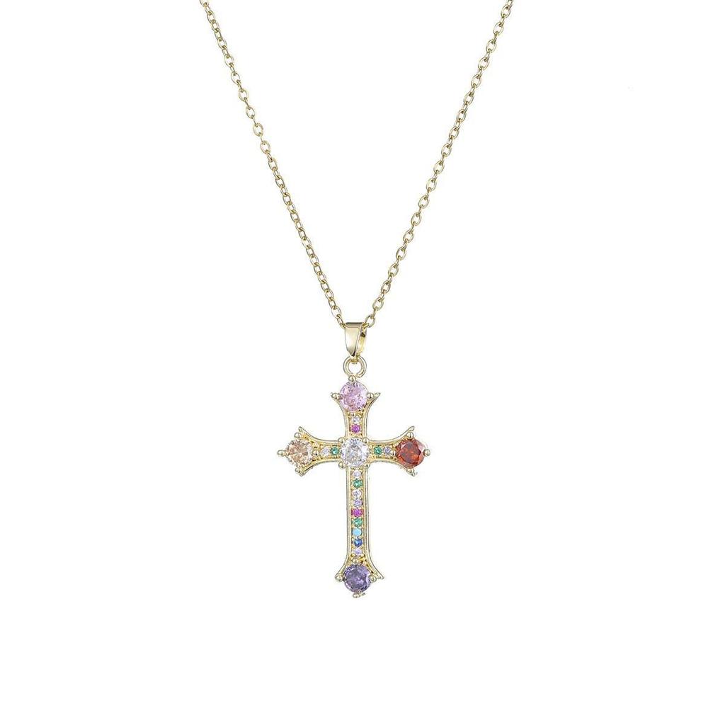 Damen Bunte Zirkon Kreuz Halskette - Nischendesign mit Voll-Diamant-Anhänger an Edelstahlkette