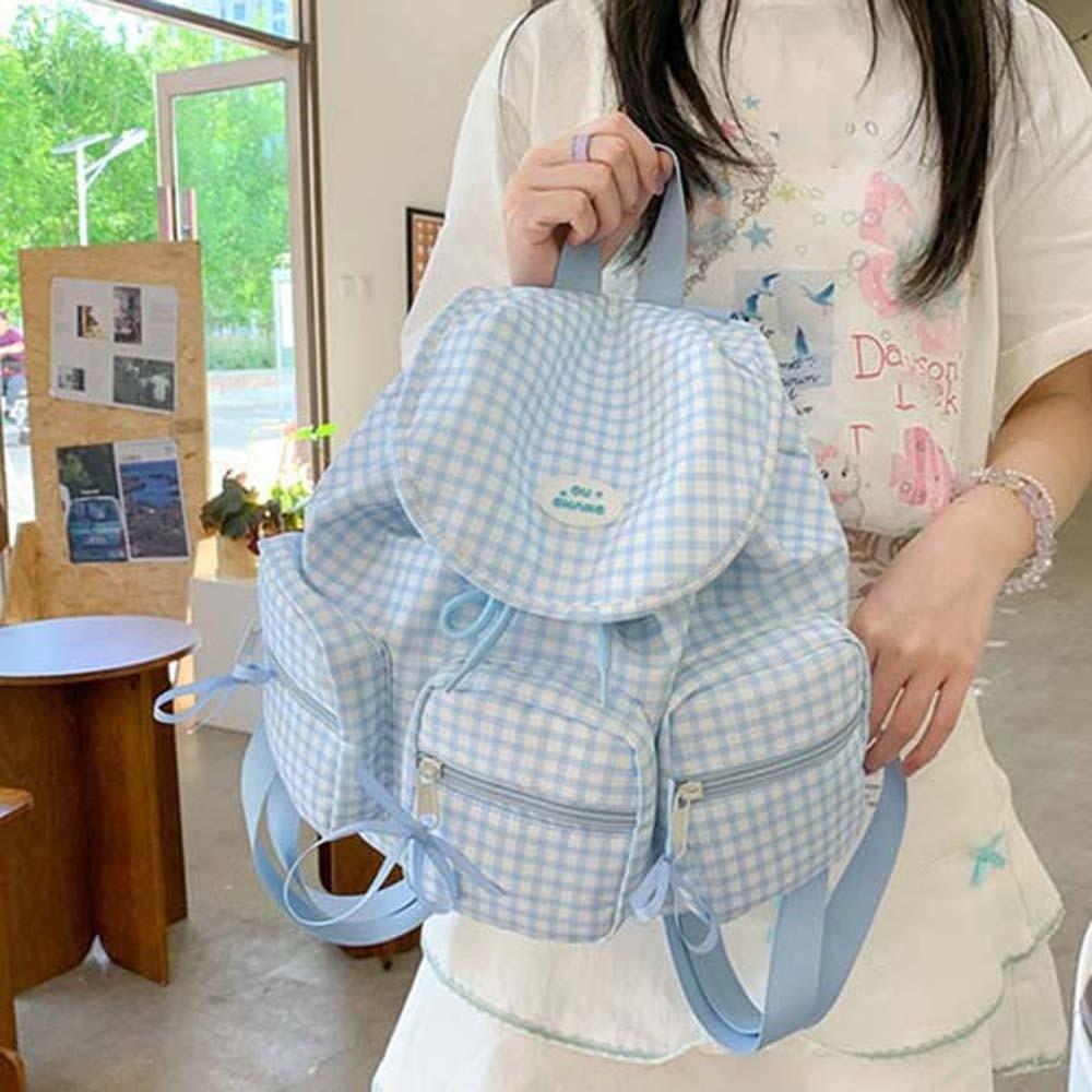 Plaid Women Daily School Bag Sweet Silver PU Daypack Portable Korean Drawstring Backpack  Girls