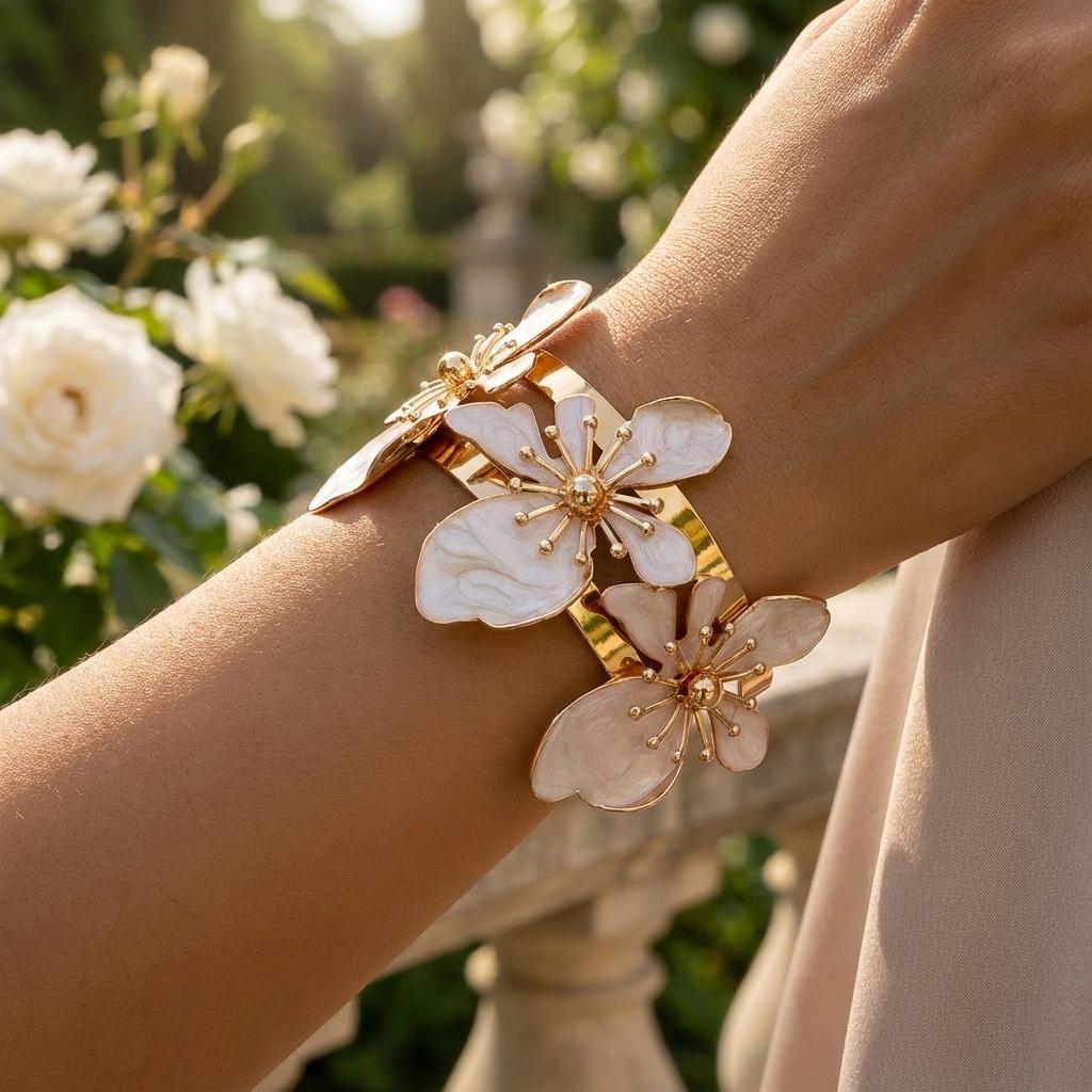 Elegantes Metall Emaille Blume Offenes Armband für Damen Übertrieben Exquisit Weiße Rote Blumen Florales Armband Party Urlaub Schmuck