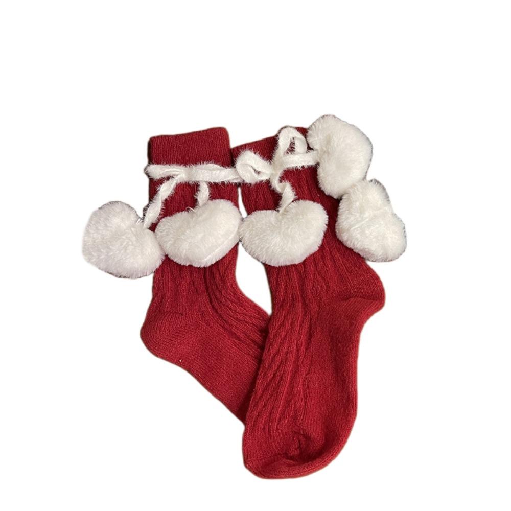 

Sweet Mid Calf Stockings Heart Pendant Plush Ball Socks Lolita Knitted Mid-tube Socks Girl красный