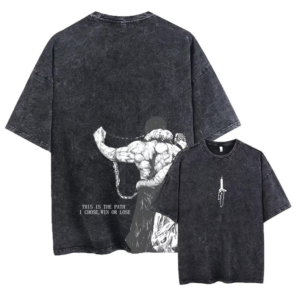Men and Women Anime Printed Washed Short Sleeve Retro Sports Fitness Short Sleeve Loose