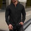 Heren Nieuwe Stijl Effen Wafelpatroon Knopen-Down Opstaande Kraag Lange Mouwen Shirt Casual Top