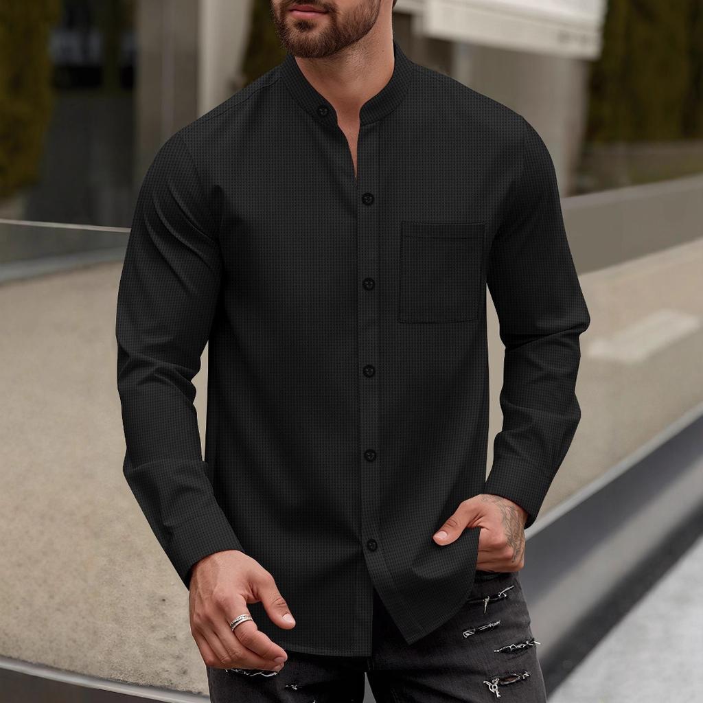 Heren Nieuwe Stijl Effen Wafelpatroon Knopen-Down Opstaande Kraag Lange Mouwen Shirt Casual Top
