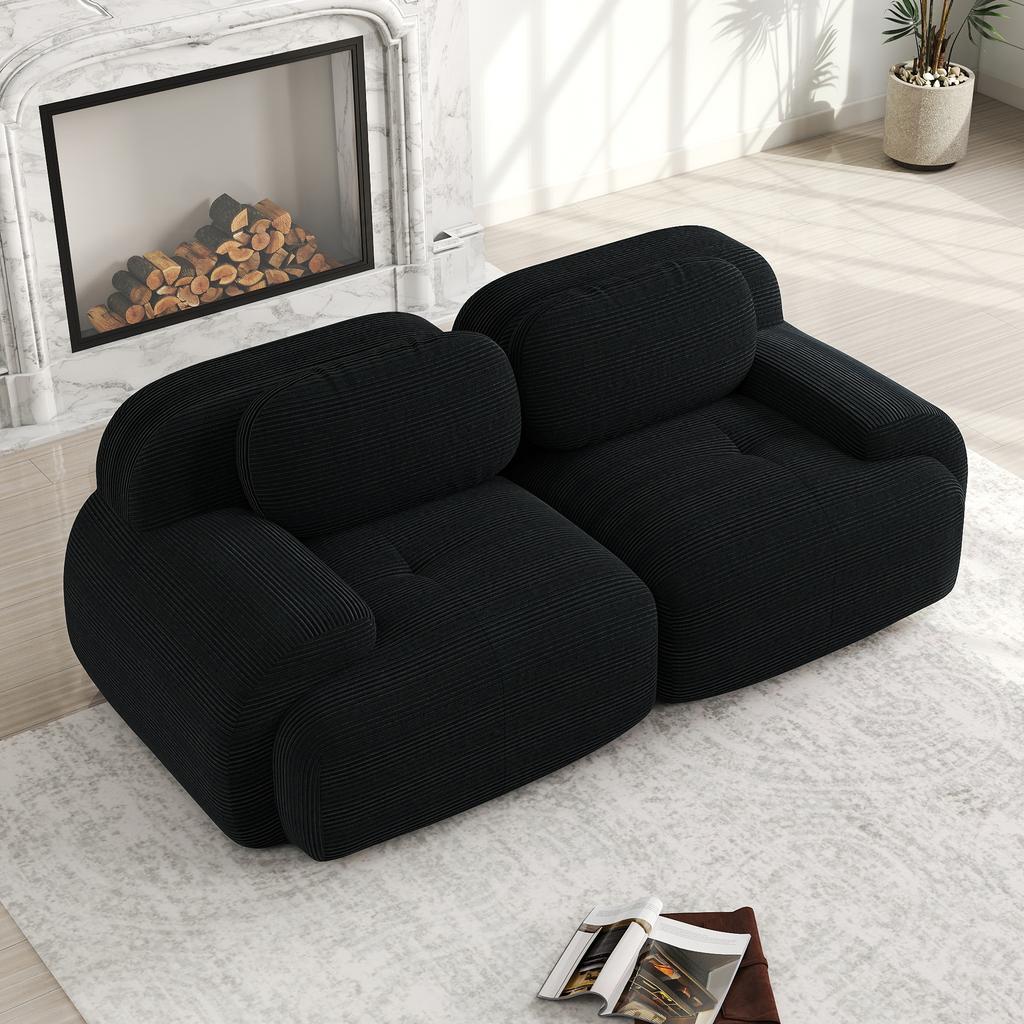 Loveseat Sofa Corduroy, Frameless, Combinable with Curved Armrests and Non-Slip Underside, High-Elastic Padding for Living Room, Bedroom, Black