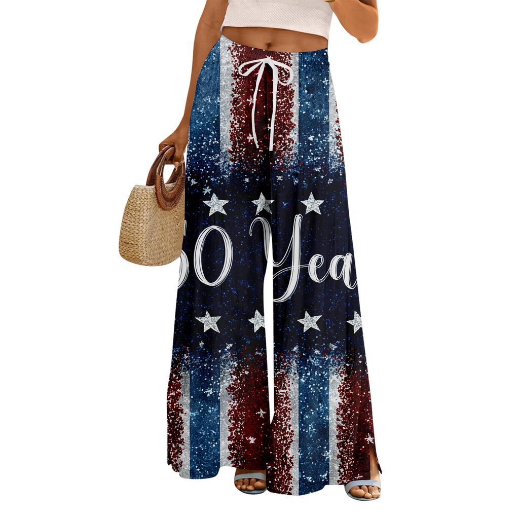 Women Summer Boho Palazzo Pants High Waist Wide Leg Floral Printing Casual Trousers With Pockets