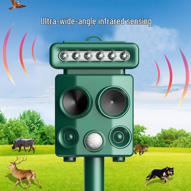 

Ультразвуковой отпугиватель животных и птиц на солнечной батарее с мигающими огнями - Эффективен против диких кабанов и вредителей Solar + USB оливковое зеленый